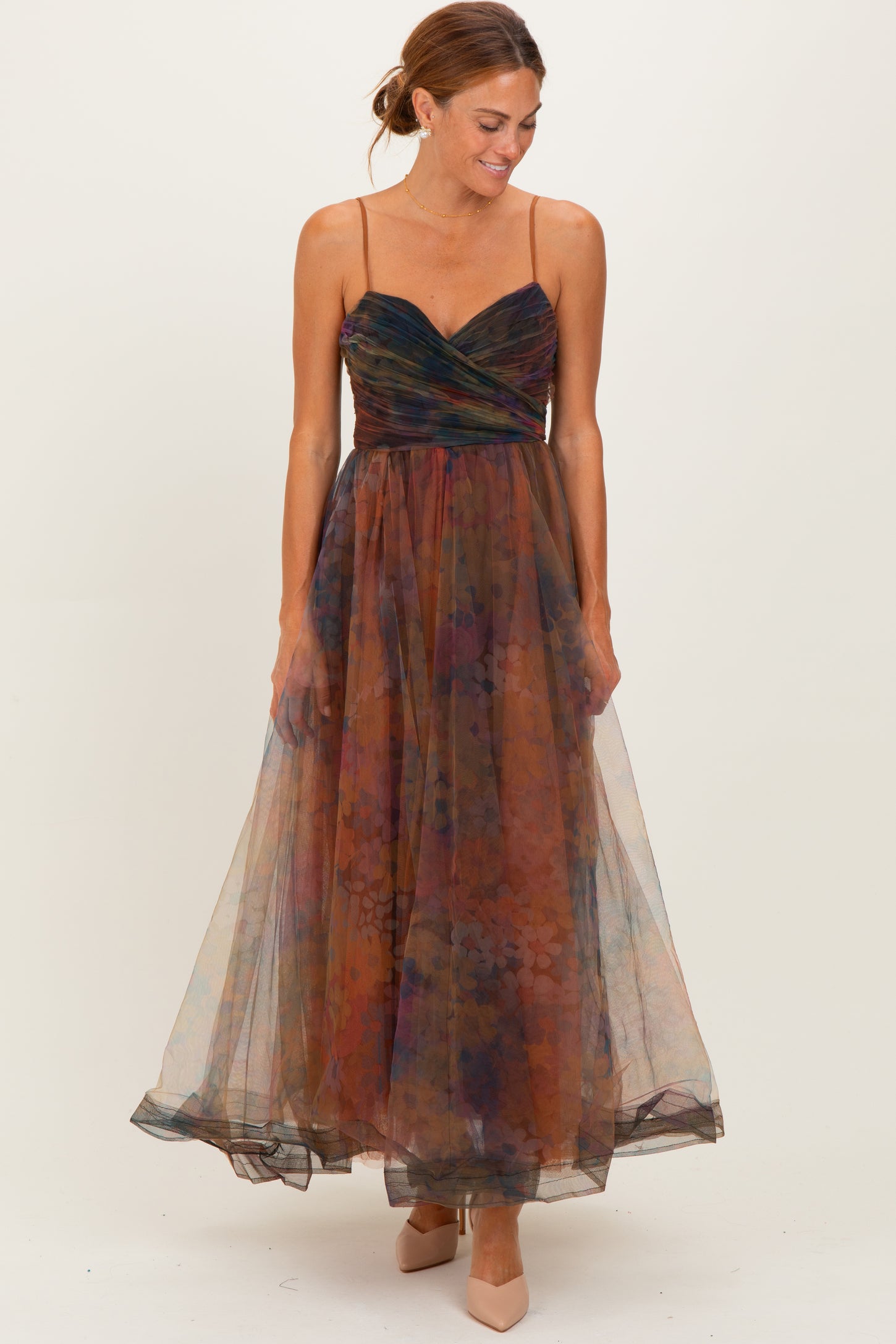 Multi Color Floral Mesh Tulle Overlay Maxi Dress PinkBlush Multi Color Floral Mesh Tulle Overlay Maxi Dress PinkBlush