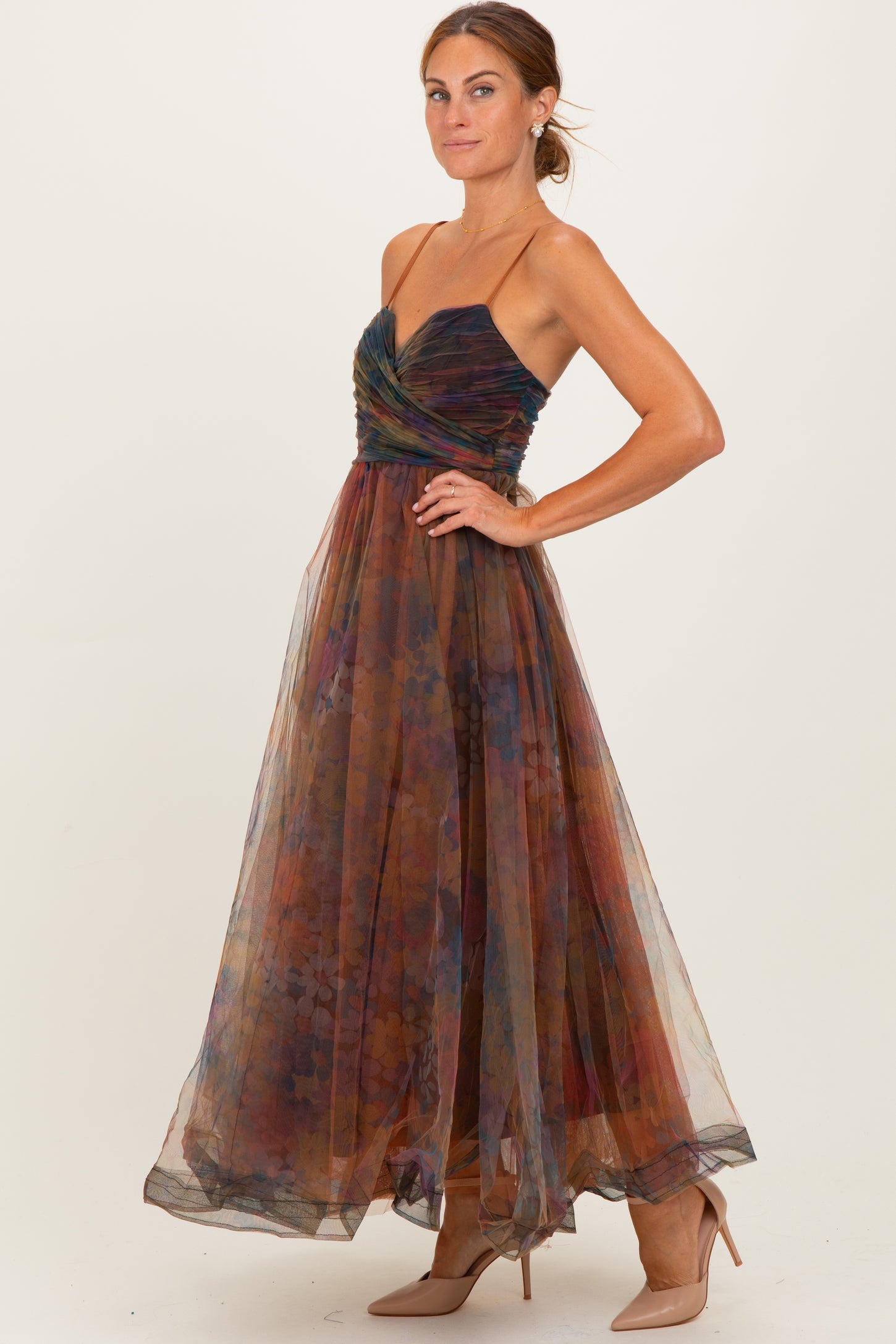 Multi Color Floral Mesh Tulle Overlay Maxi Dress