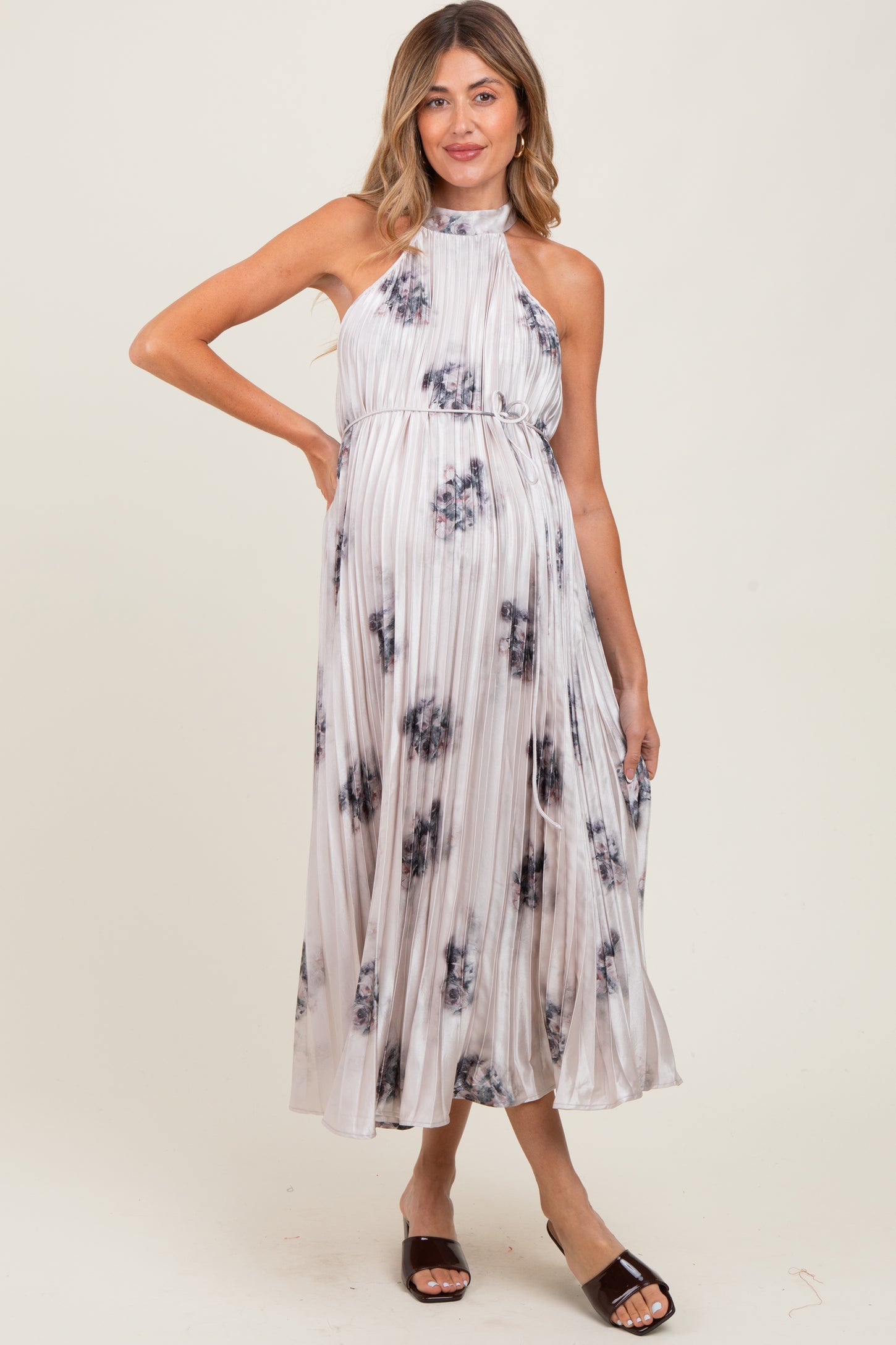 Light Pink Printed Pleated Maternity Halter Dress