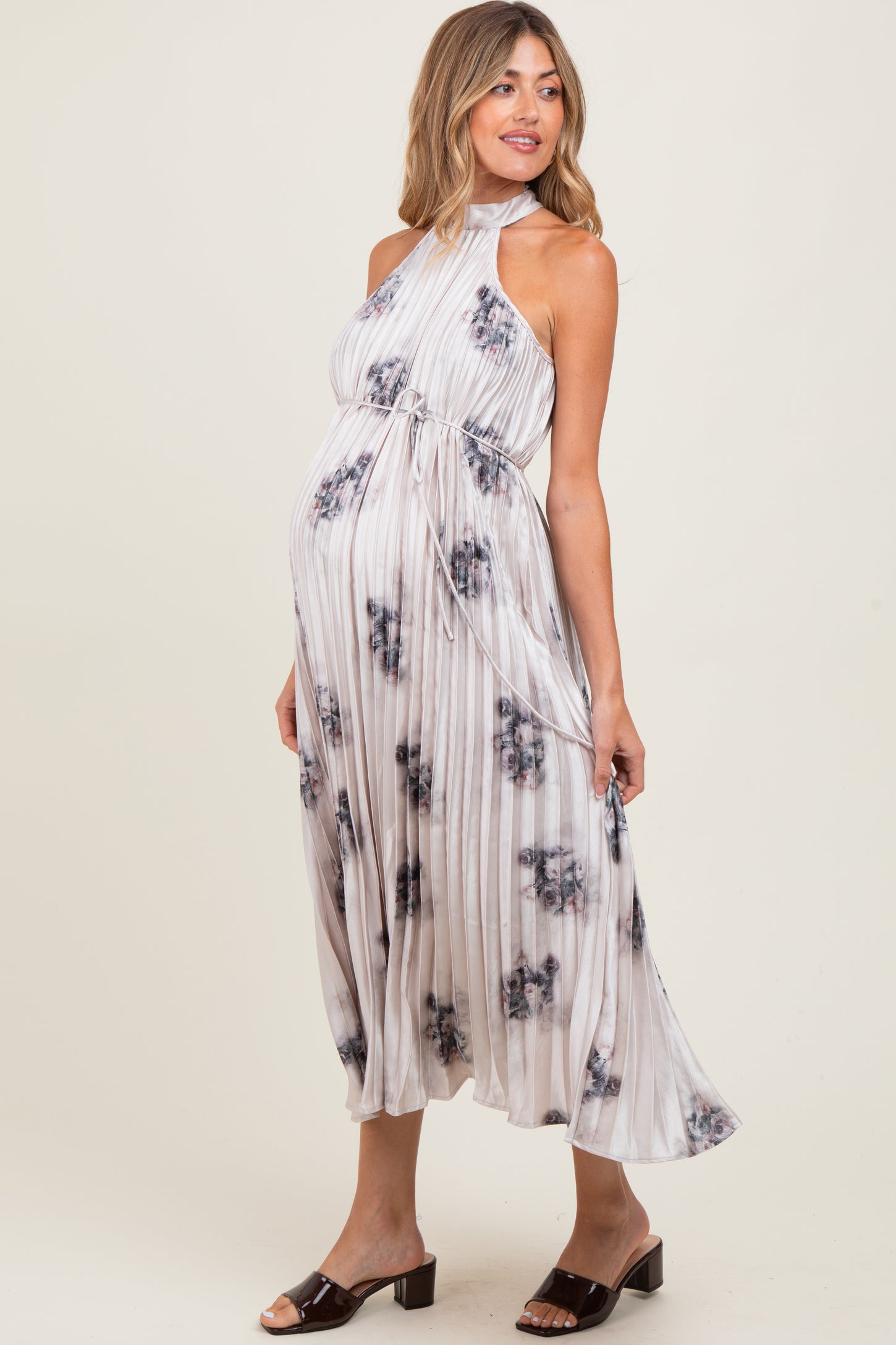 Light Pink Printed Pleated Maternity Halter Dress
