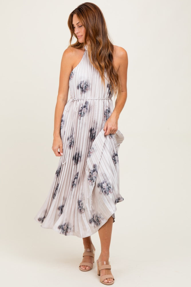 Light Pink Printed Pleated Halter Dress