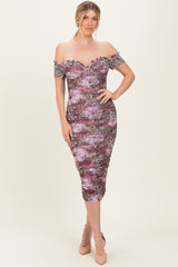 Mauve Floral Animal Print Off Shoulder Maternity Midi Dress
