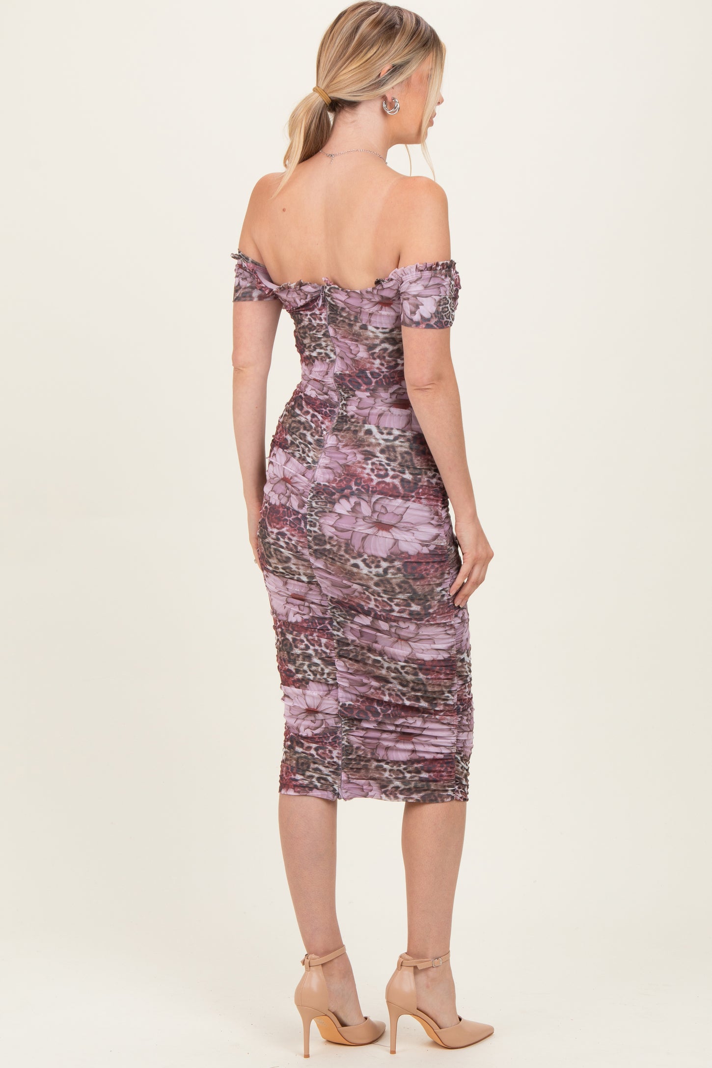 Mauve Floral Animal Print Off Shoulder Midi Dress