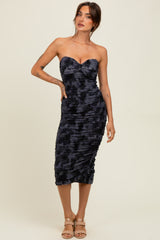 Charcoal Mesh Velvet Strapless Ruched Midi Dress