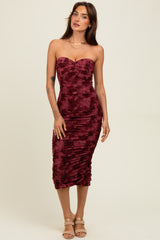 Burgundy Mesh Velvet Strapless Ruched Maternity Midi Dress