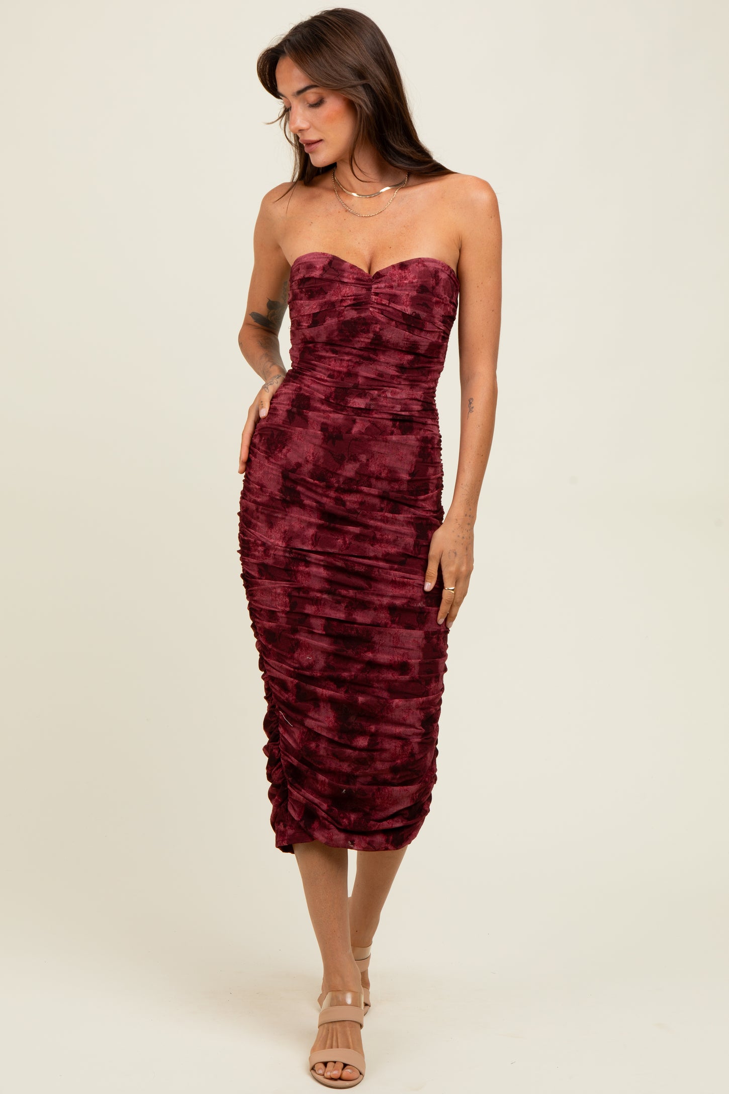 Burgundy Mesh Velvet Strapless Ruched Midi Dress Burgundy Mesh Velvet Strapless Ruched Midi Dress