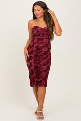 Burgundy Mesh Velvet Strapless Ruched Maternity Midi Dress