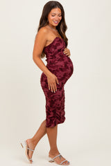 Burgundy Mesh Velvet Strapless Ruched Maternity Midi Dress