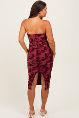 Burgundy Mesh Velvet Strapless Ruched Maternity Midi Dress
