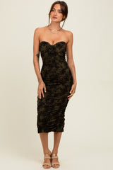 Olive Mesh Velvet Strapless Ruched Maternity Midi Dress