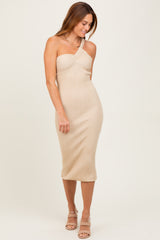 Beige Metallic Ribbed Knit One Strap Midi Dress