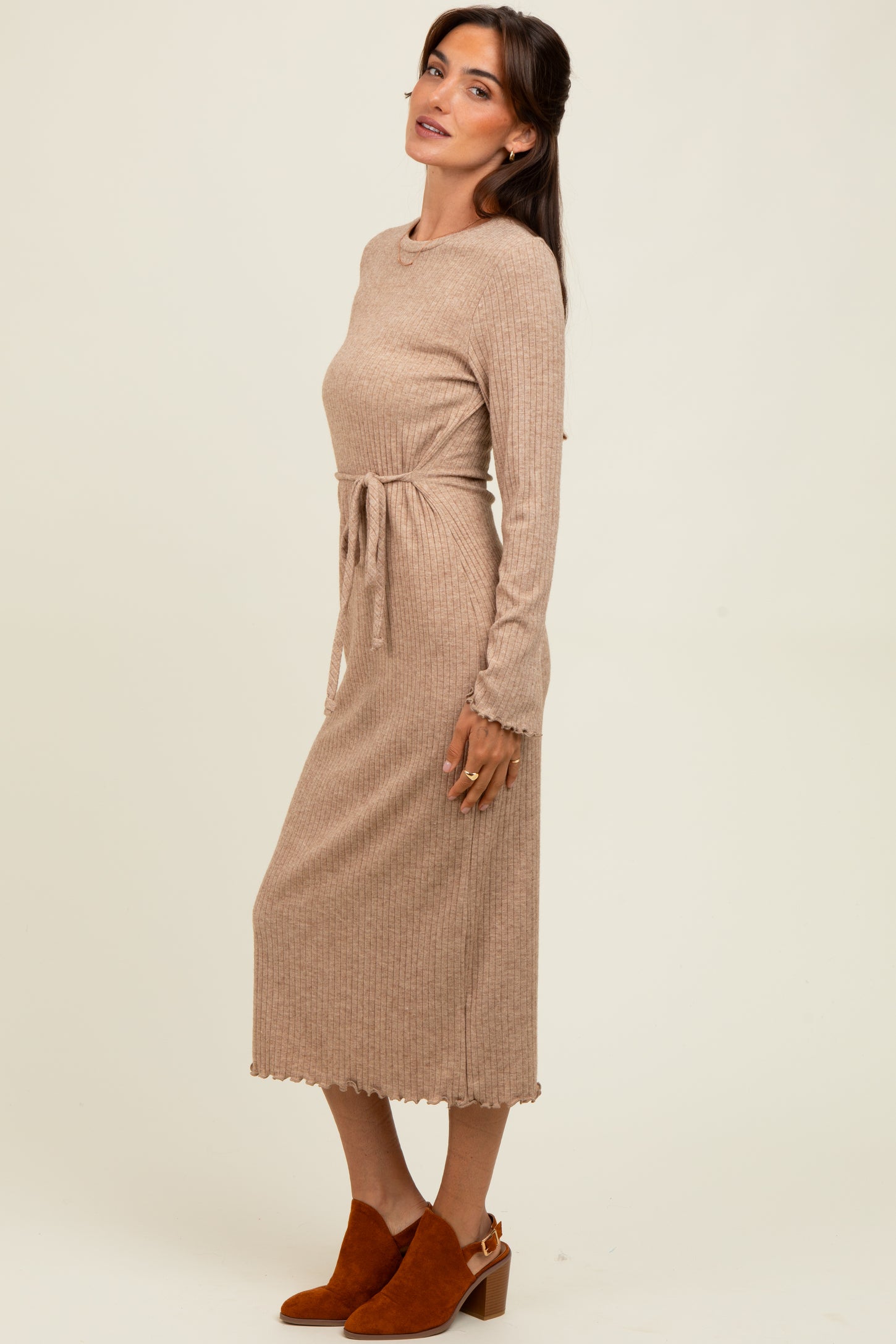 Camel Ribbed Ruffle Accent Long Sleeve Midi Dress