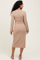 Camel Ribbed Ruffle Accent Long Sleeve Maternity Midi Dress