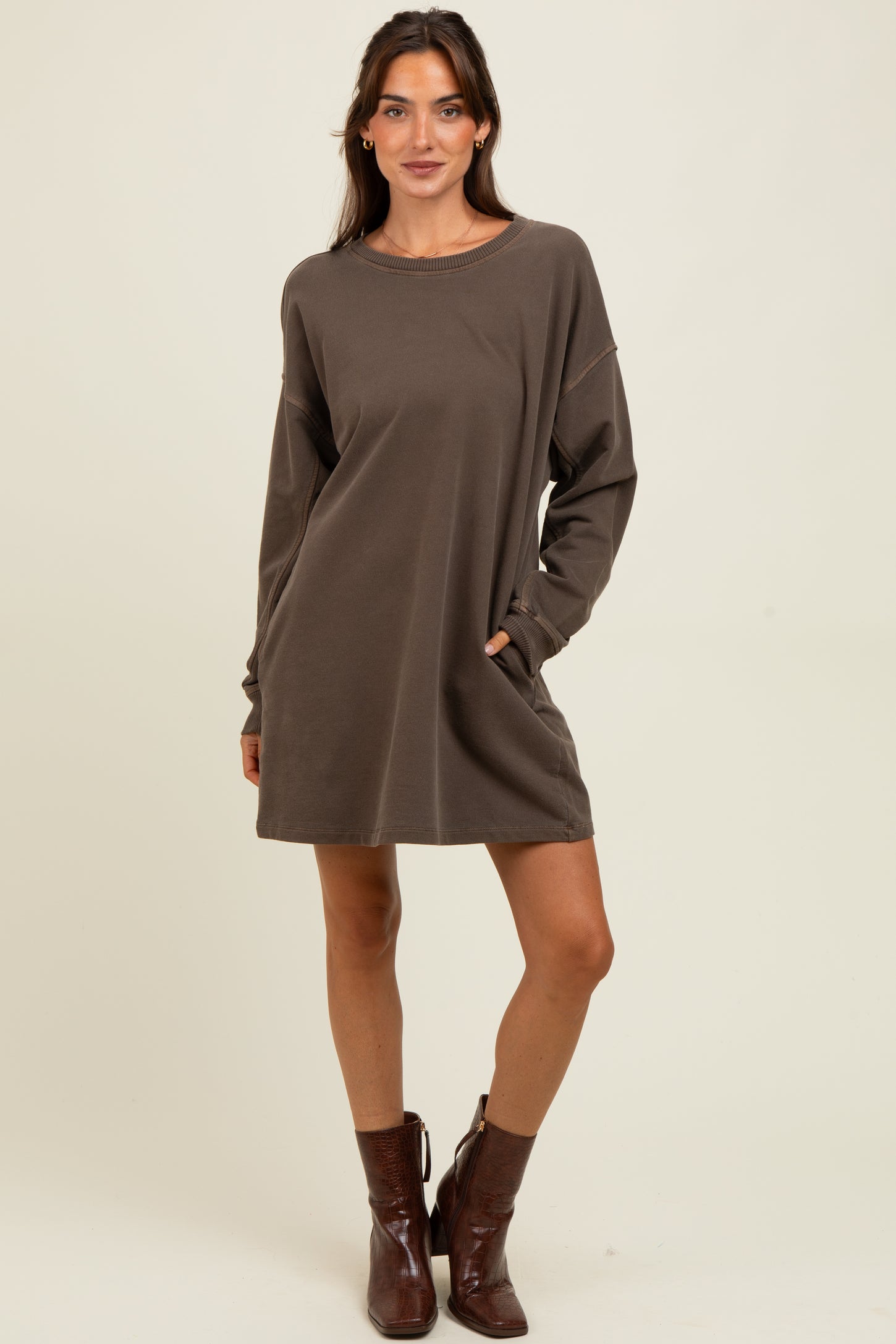 Brown Oversized Long Sleeve Maternity T-Shirt Dress Brown Oversized Long Sleeve Maternity T-Shirt Dress