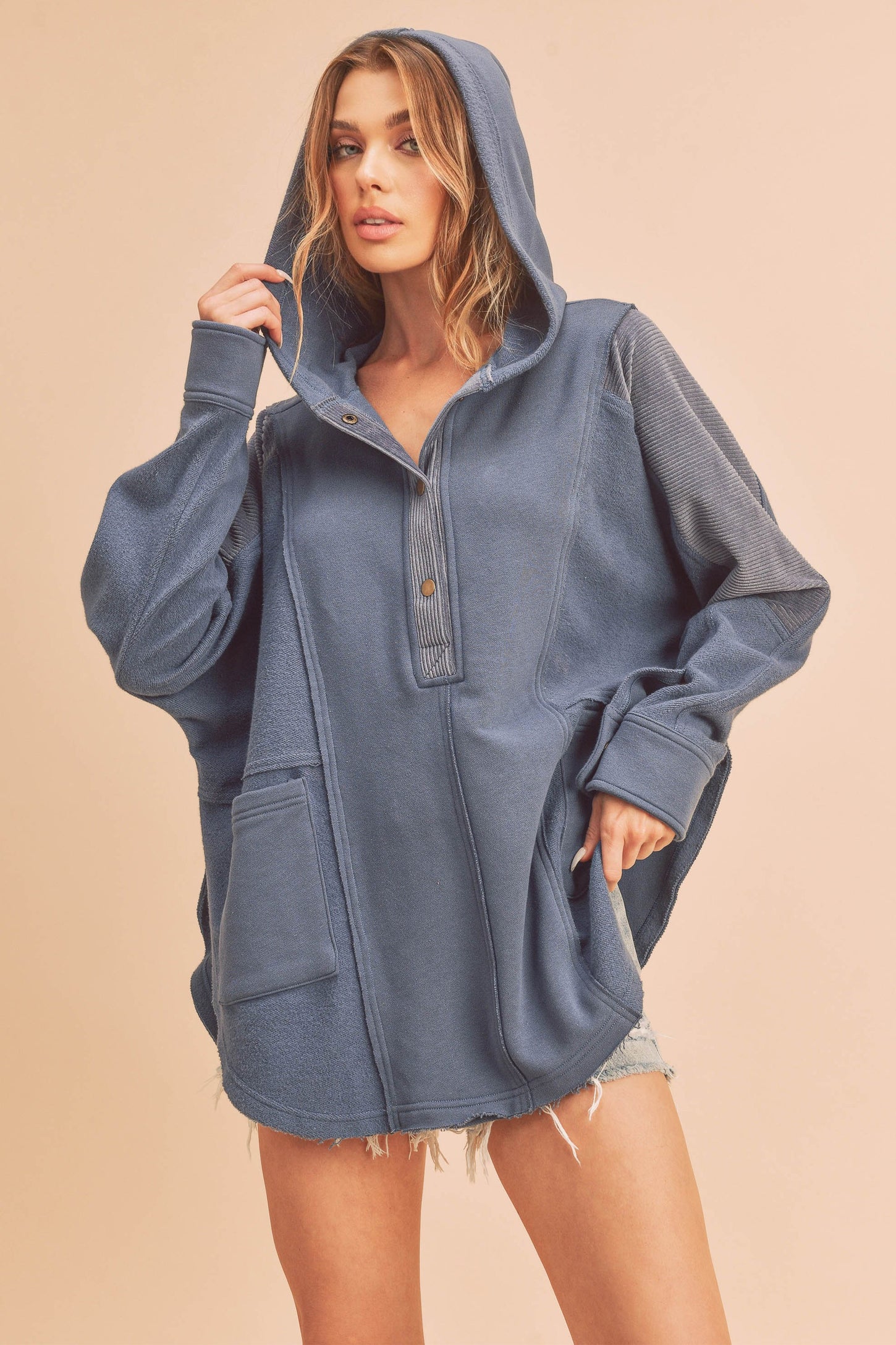 Blue Corduroy Contrast Oversized Maternity Hoodie