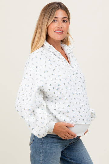 Ivory Floral Bubble Sleeve Snap Collar Maternity Sweatshirt