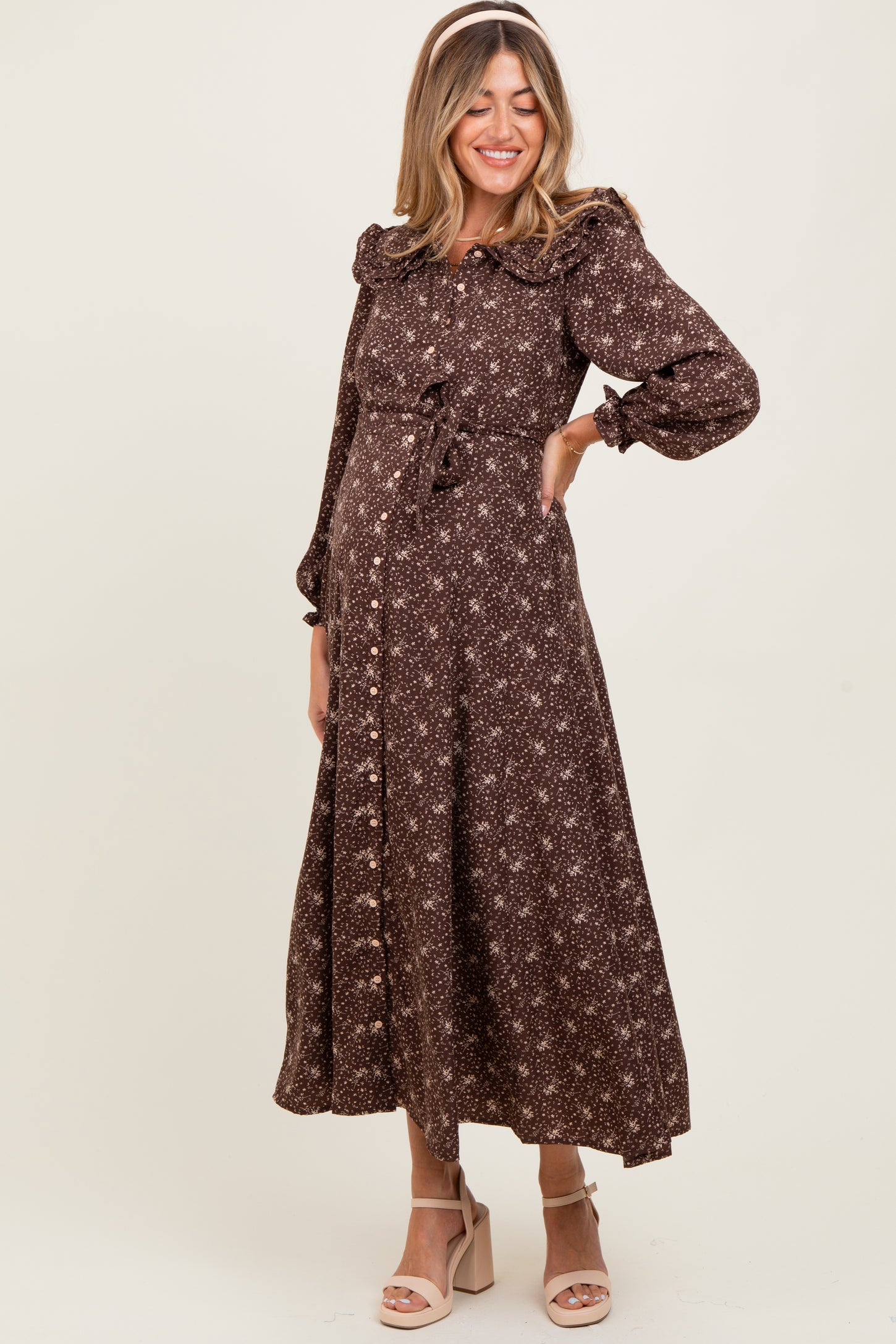 Brown Statement Collar Button Down Maternity Maxi Dress – PinkBlush