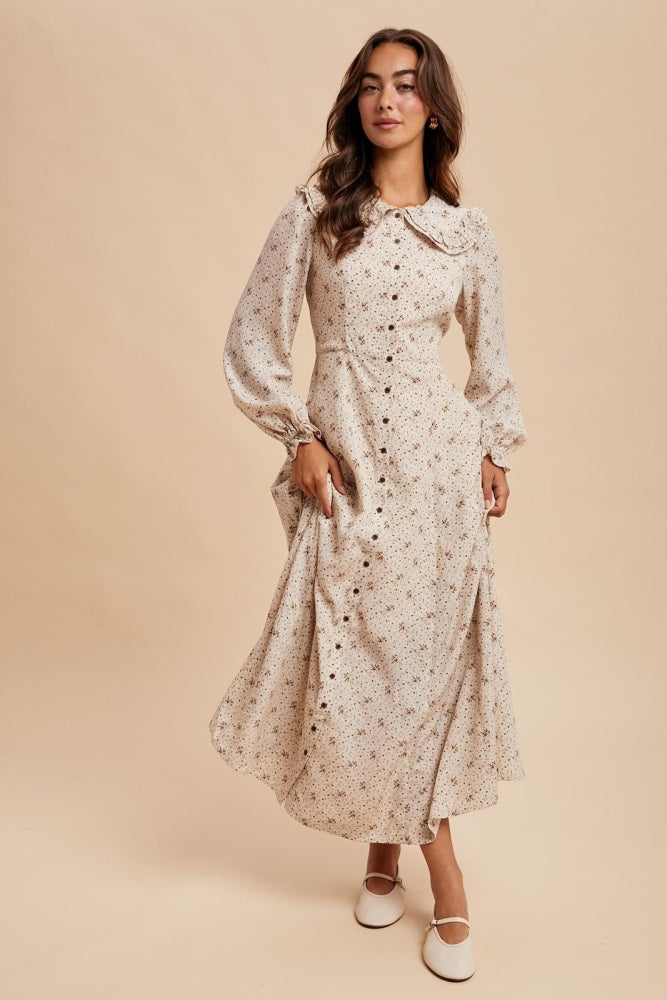 Cream Statement Collar Button Down Maxi Dress