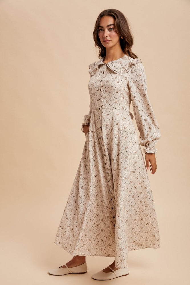 Cream Statement Collar Button Down Maxi Dress