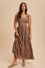 Mocha Plaid Sleeveless Cotton Maxi Dress