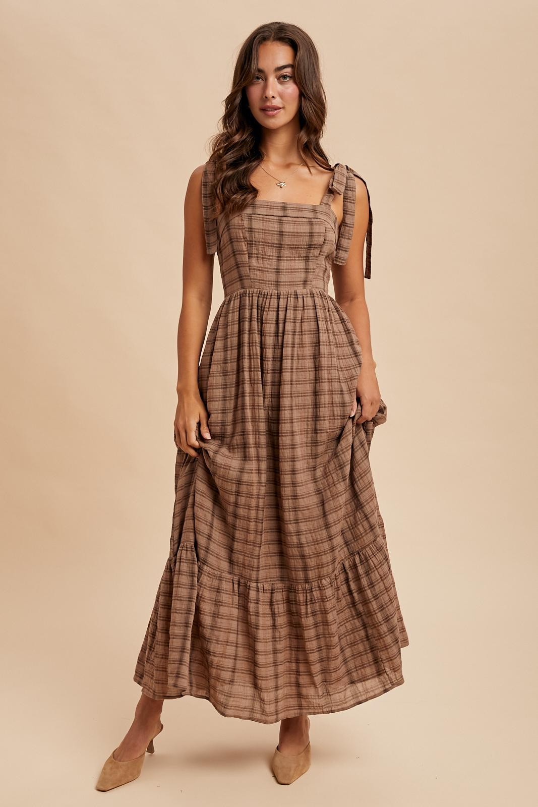 Mocha Plaid Sleeveless Cotton Maxi Dress