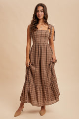 Mocha Plaid Sleeveless Cotton Maxi Dress