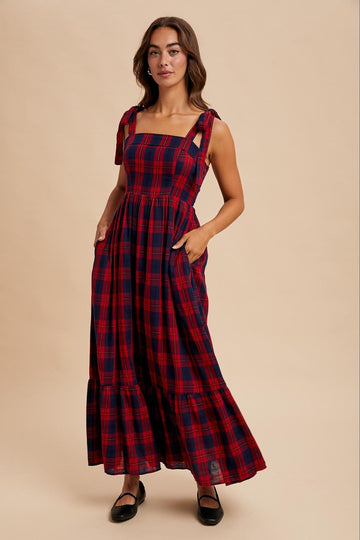 Red Plaid Sleeveless Cotton Maxi Dress