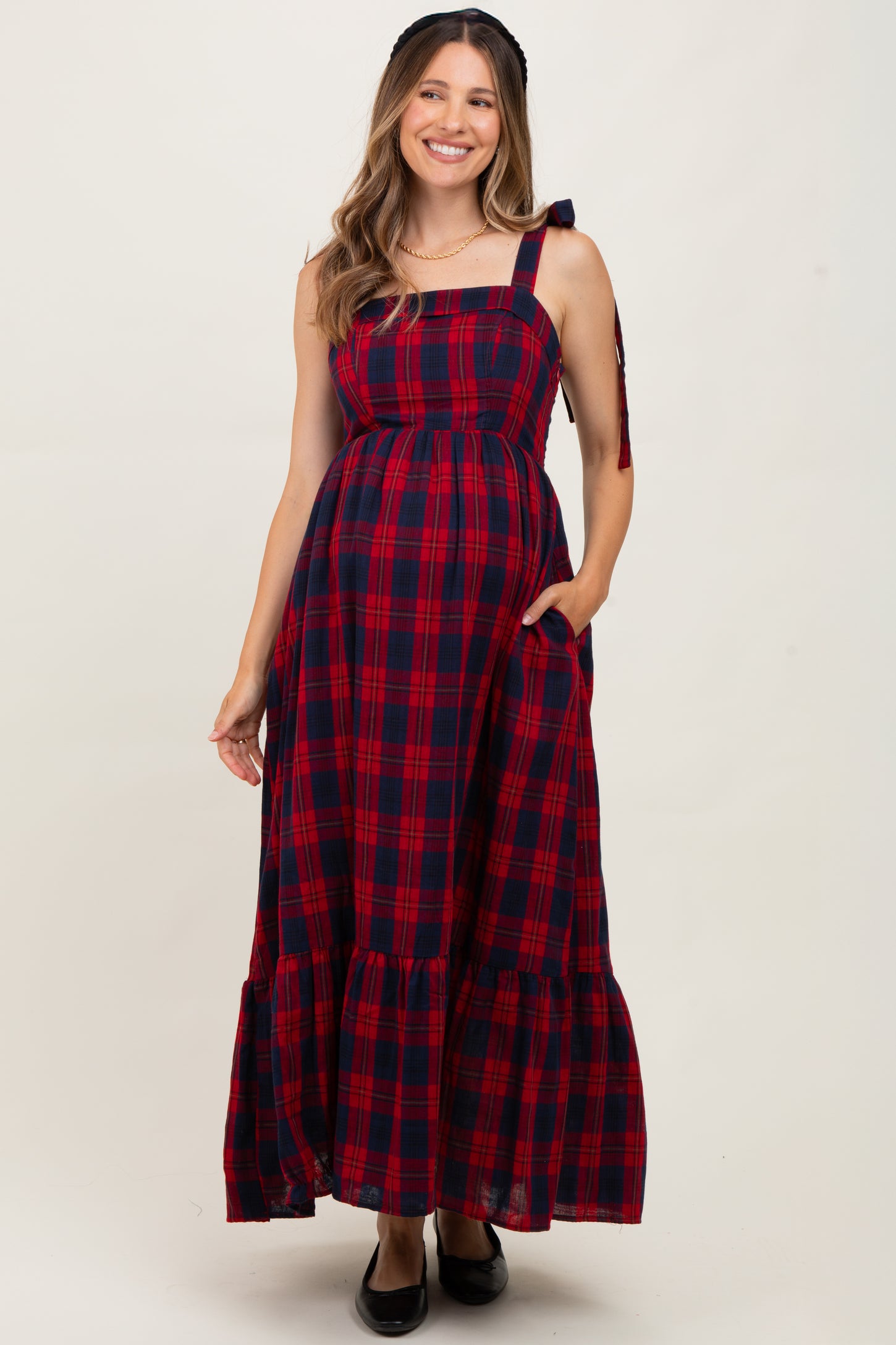 Red Plaid Sleeveless Cotton Maternity Maxi Dress
