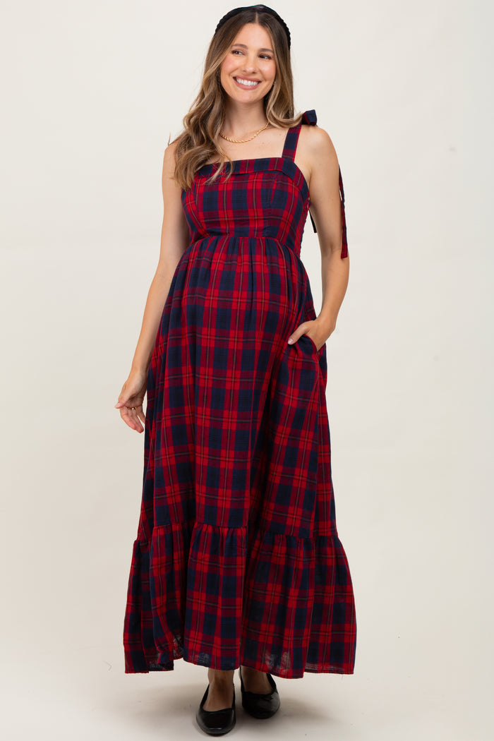 Red Plaid Sleeveless Cotton Maternity Maxi Dress