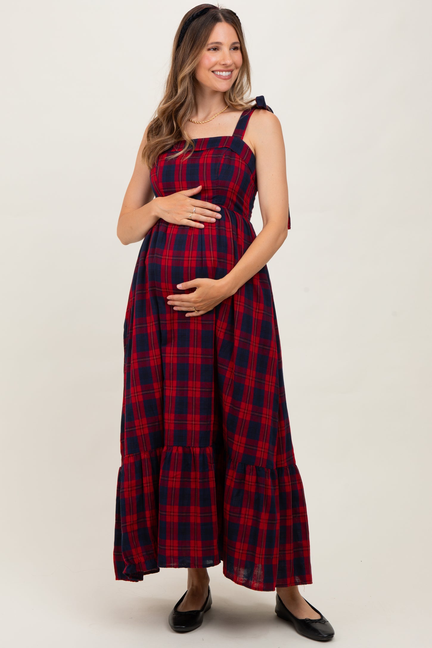 Red Plaid Sleeveless Cotton Maternity Maxi Dress PinkBlush Red Plaid Sleeveless Cotton Maternity Maxi Dress PinkBlush