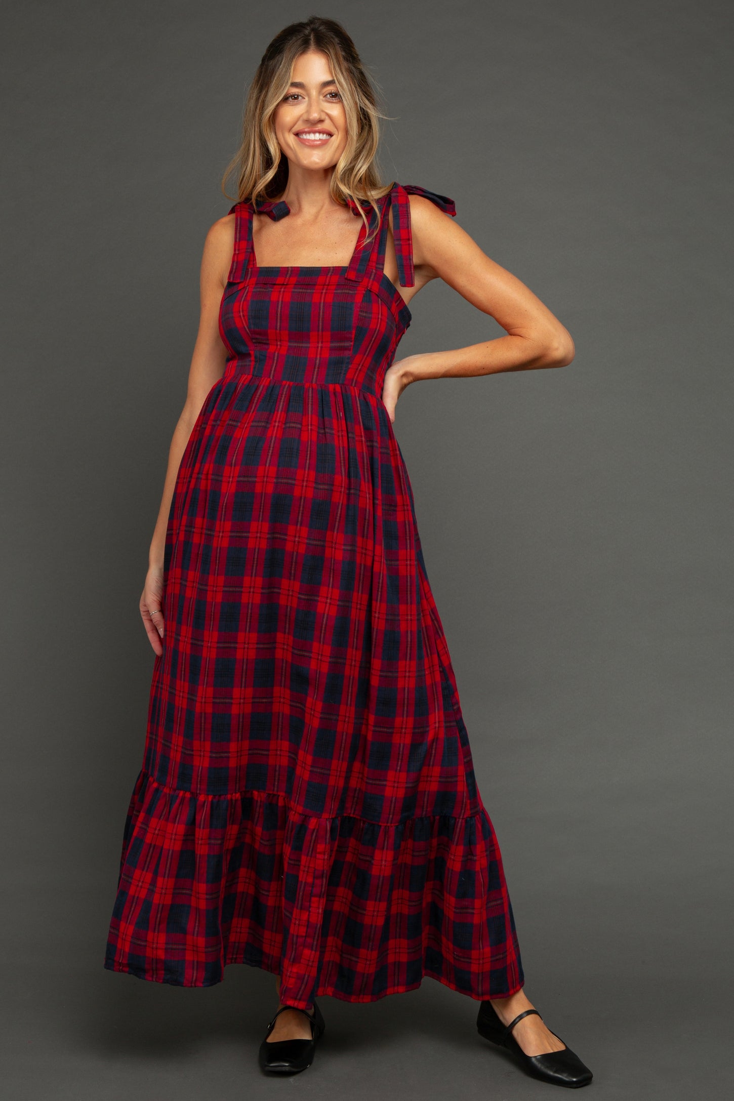 Red Plaid Sleeveless Cotton Maternity Maxi Dress