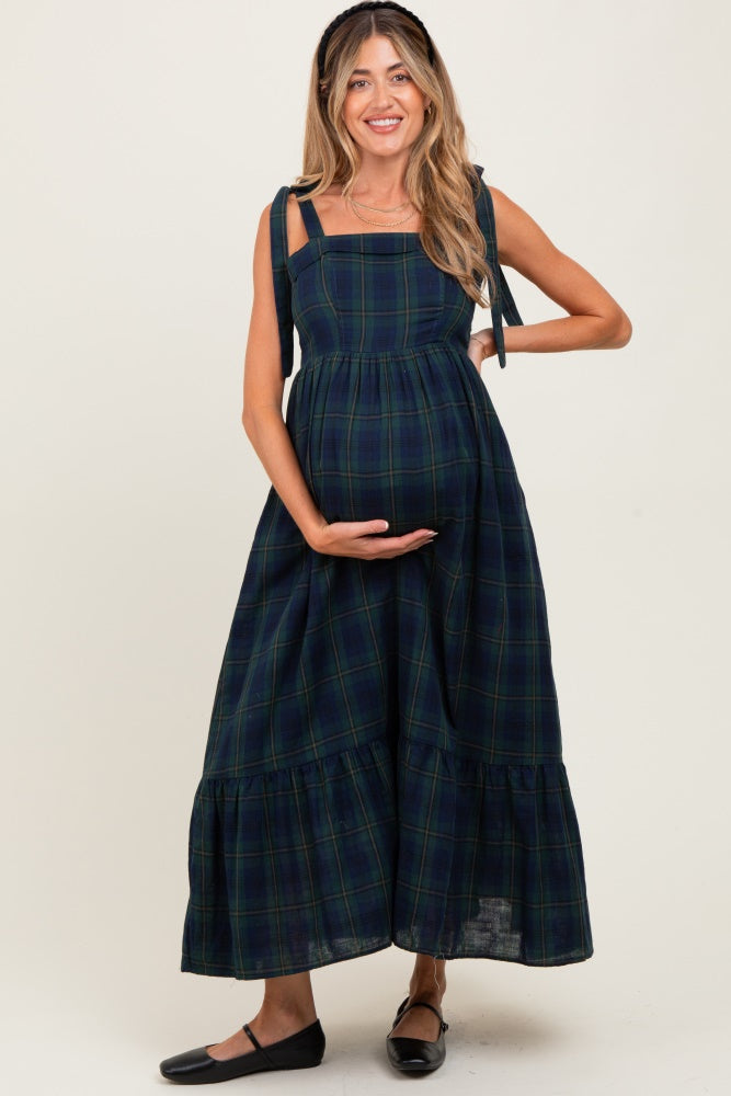 Hunter Green Plaid Sleeveless Cotton Maternity Maxi Dress Hunter Green Plaid Sleeveless Cotton Maternity Maxi Dress