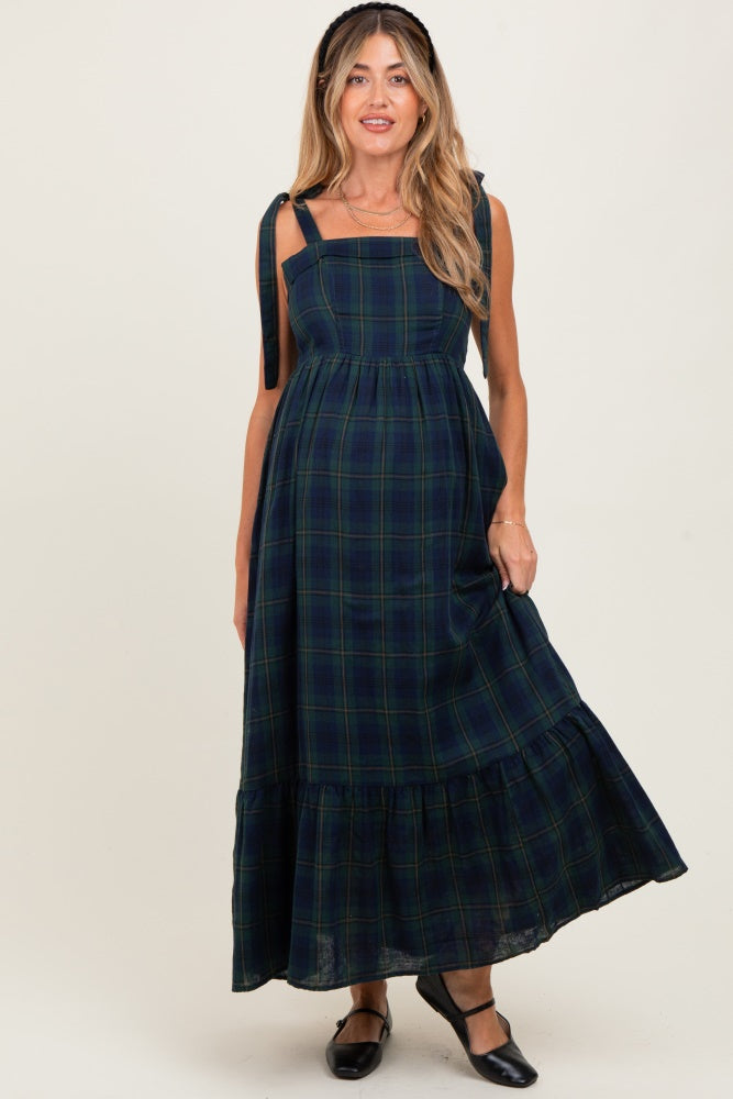 Hunter Green Plaid Sleeveless Cotton Maternity Maxi Dress Hunter Green Plaid Sleeveless Cotton Maternity Maxi Dress