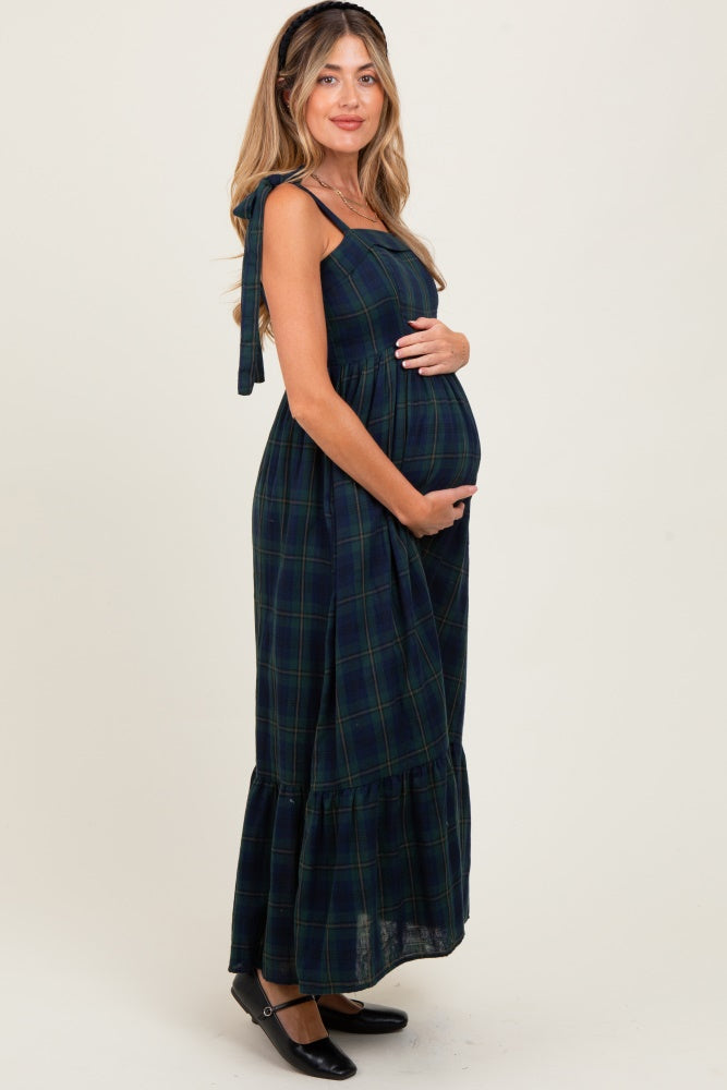 Hunter Green Plaid Sleeveless Cotton Maternity Maxi Dress Hunter Green Plaid Sleeveless Cotton Maternity Maxi Dress