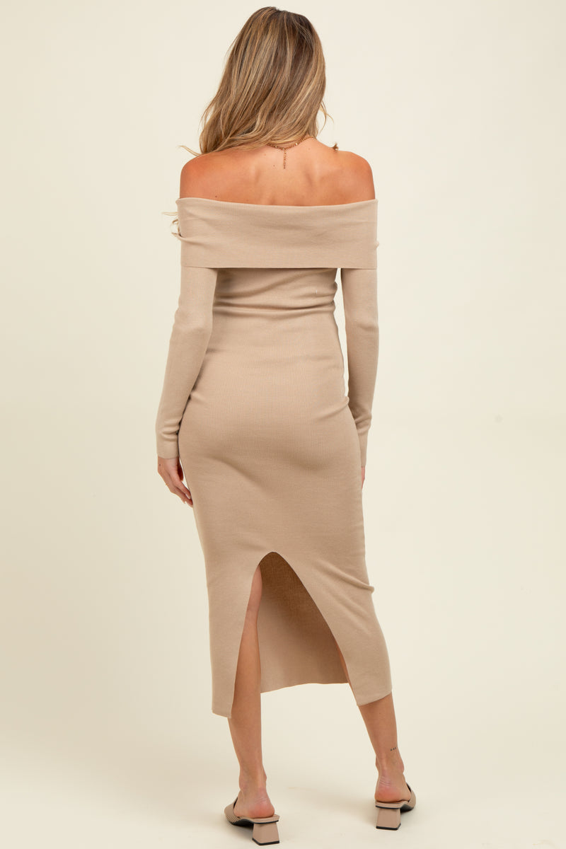 Beige Knit Off Shoulder Long Sleeve Maternity Midi Dress  PinkBlush