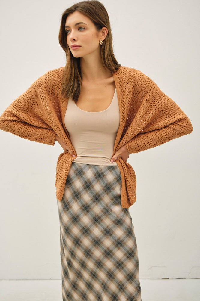 Camel Crochet Knit Scallop Detail Open Maternity Cardigan