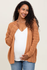 Camel Crochet Knit Scallop Detail Open Maternity Cardigan