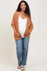 Camel Crochet Knit Scallop Detail Open Maternity Cardigan