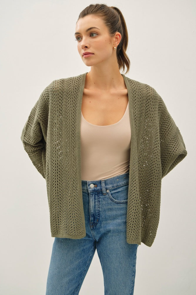 Olive Crochet Knit Scallop Detail Open Cardigan