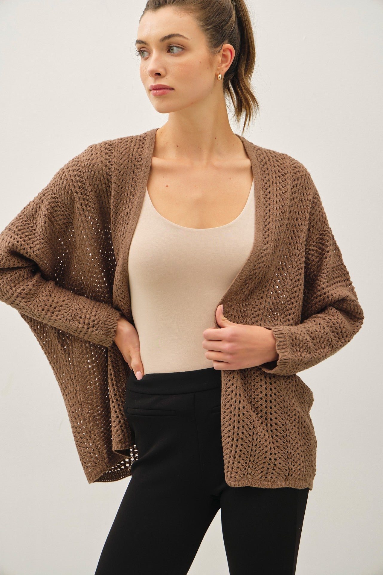 Brown Crochet Knit Scallop Detail Open Maternity Cardigan