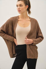 Brown Crochet Knit Scallop Detail Open Maternity Cardigan