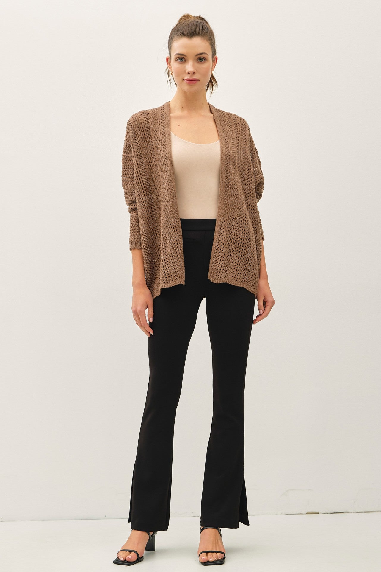 Brown Crochet Knit Scallop Detail Open Cardigan