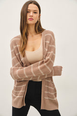 Mocha Fine Knit Striped Maternity Open Cardigan