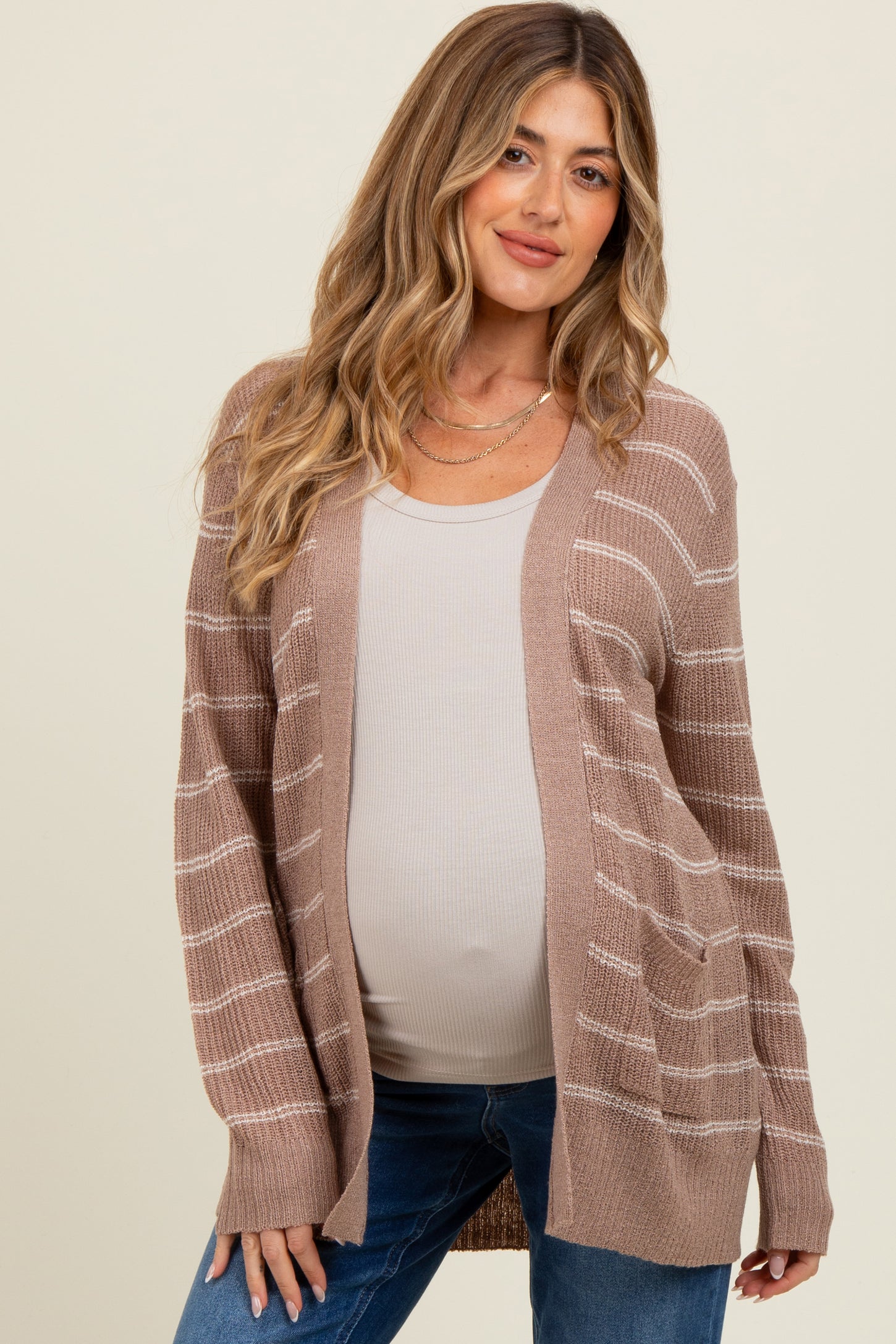 Mocha Fine Knit Striped Maternity Open Cardigan