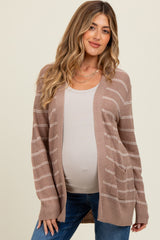 Mocha Fine Knit Striped Maternity Open Cardigan