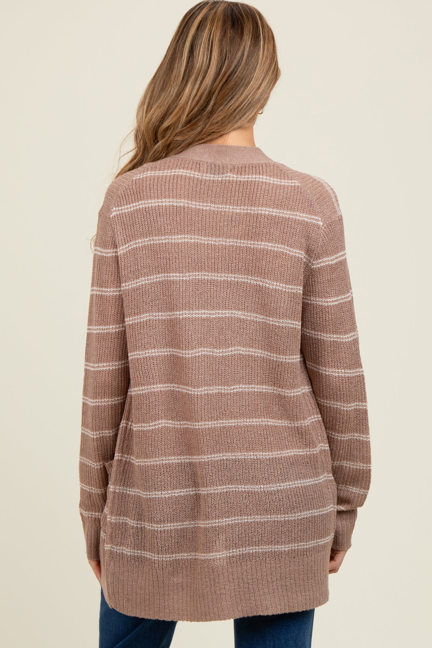 Mocha Fine Knit Striped Maternity Open Cardigan