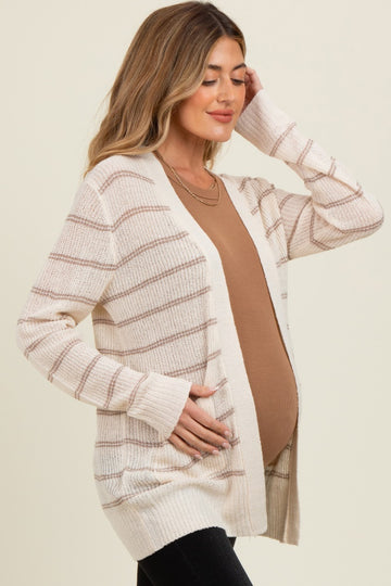 Cream Fine Knit Striped Maternity Open Cardigan