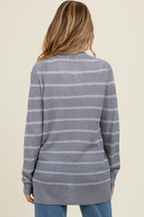 Blue Grey Fine Knit Striped Maternity Open Cardigan