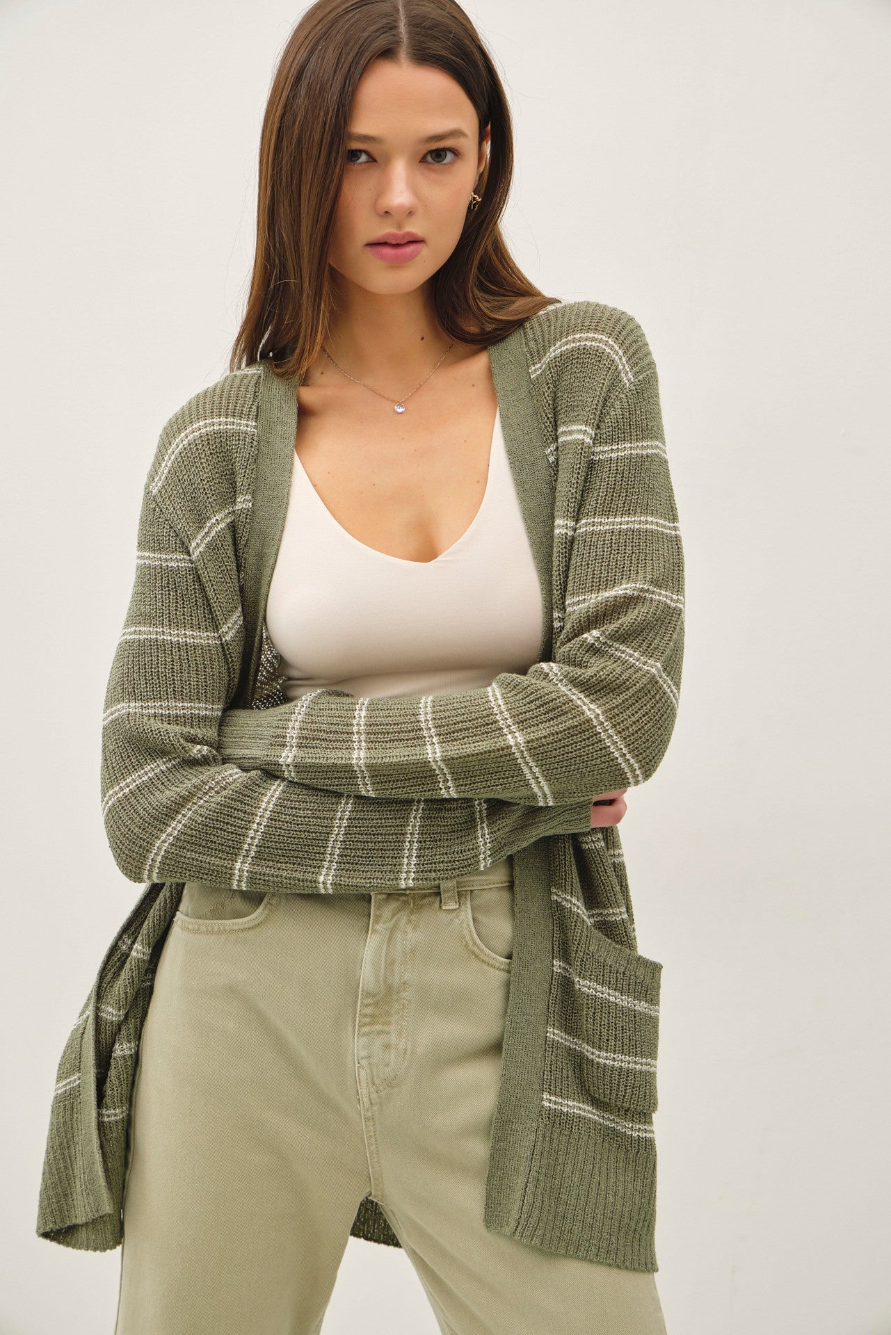 Olive Fine Knit Striped Open Cardigan