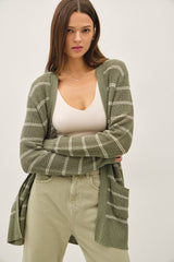 Olive Fine Knit Striped Open Cardigan